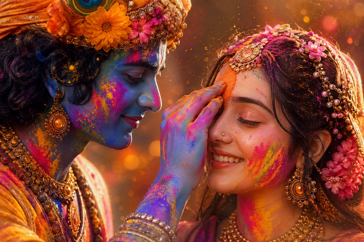 Intimate portrait of Radha Krishna faces covered in multi-colored Holi powder with golden light